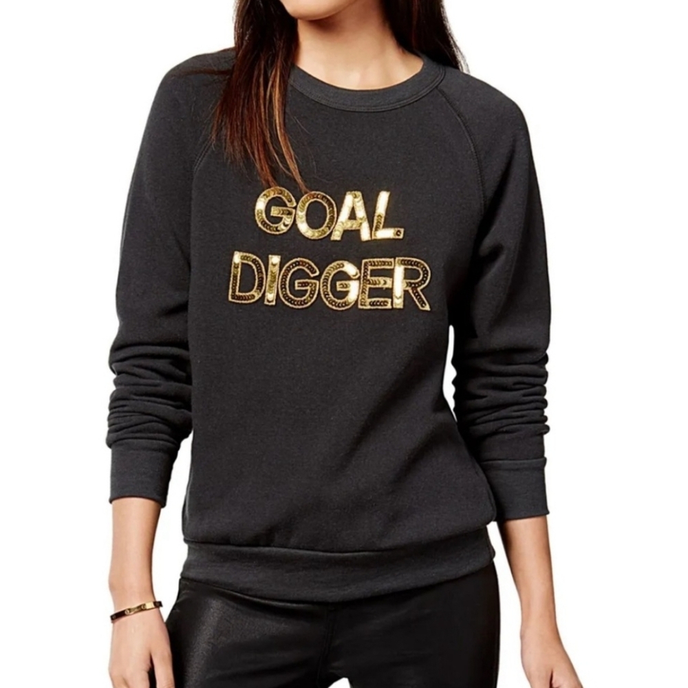 NWOT Bow & Drape Black Goal Digger Gold Sequin Pullover Sweater Size Medium
